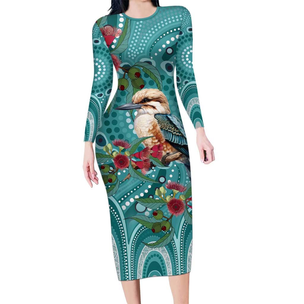 Kookaburra Eucalyptus Personalised Long Sleeve Bodycon Dress Aboriginal Australian Dot Painting - Aussie Hoodie