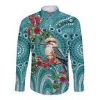 Kookaburra Eucalyptus Personalised Long Sleeve Button Shirt Aboriginal Australian Dot Painting - Aussie Hoodie