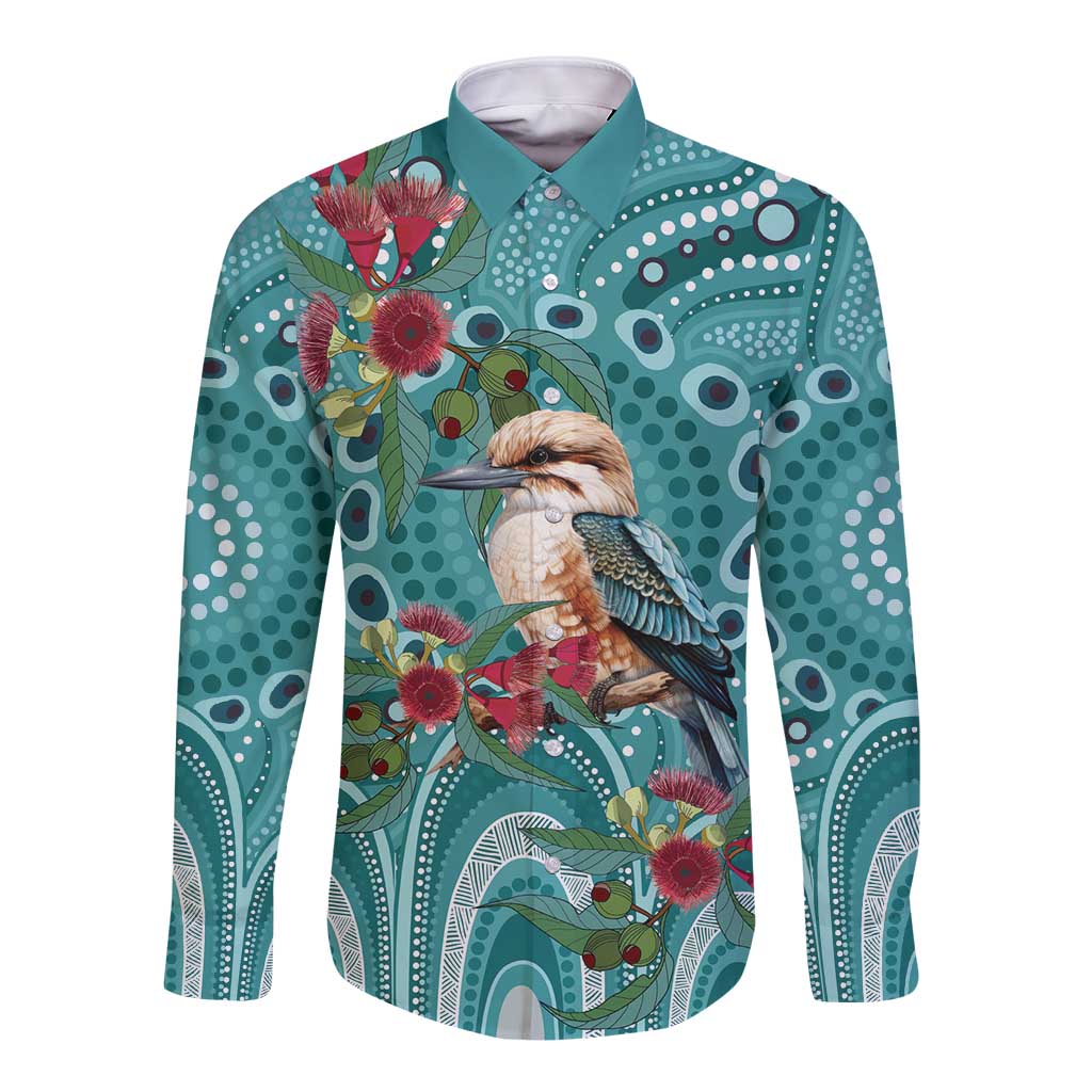 Kookaburra Eucalyptus Personalised Long Sleeve Button Shirt Aboriginal Australian Dot Painting - Aussie Hoodie