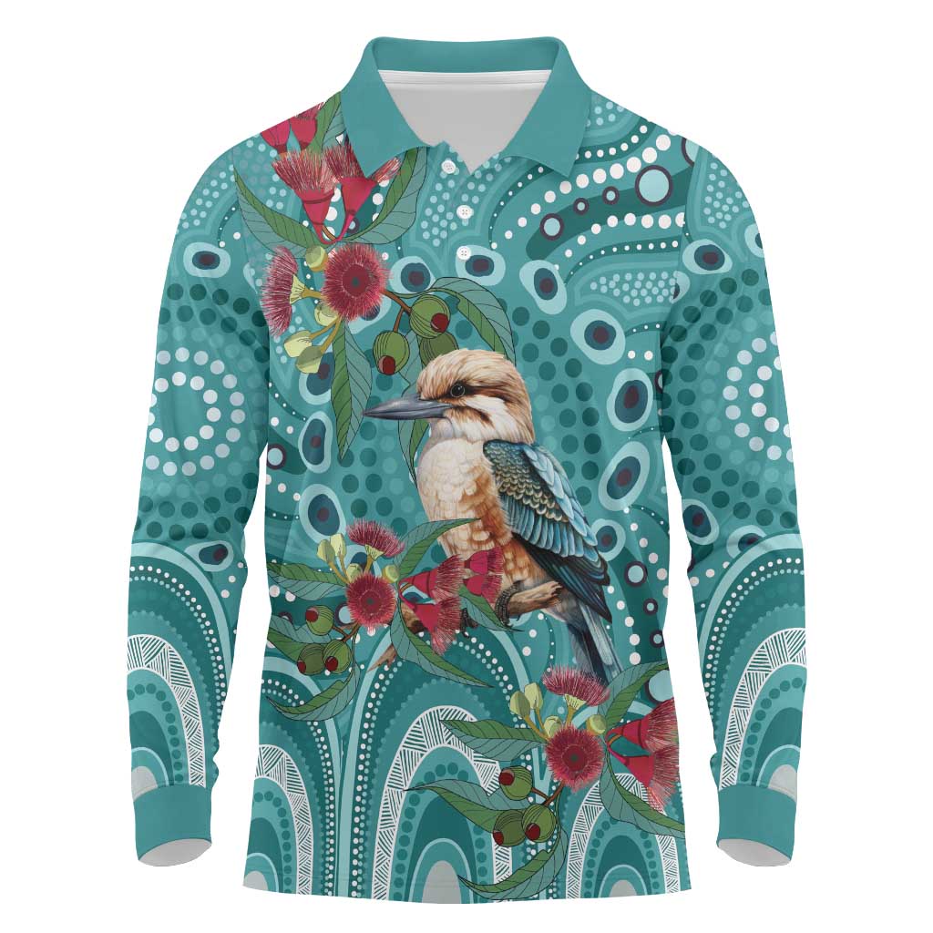 Kookaburra Eucalyptus Personalised Long Sleeve Polo Shirt Aboriginal Australian Dot Painting - Aussie Hoodie