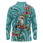 Kookaburra Eucalyptus Personalised Long Sleeve Polo Shirt Aboriginal Australian Dot Painting - Aussie Hoodie