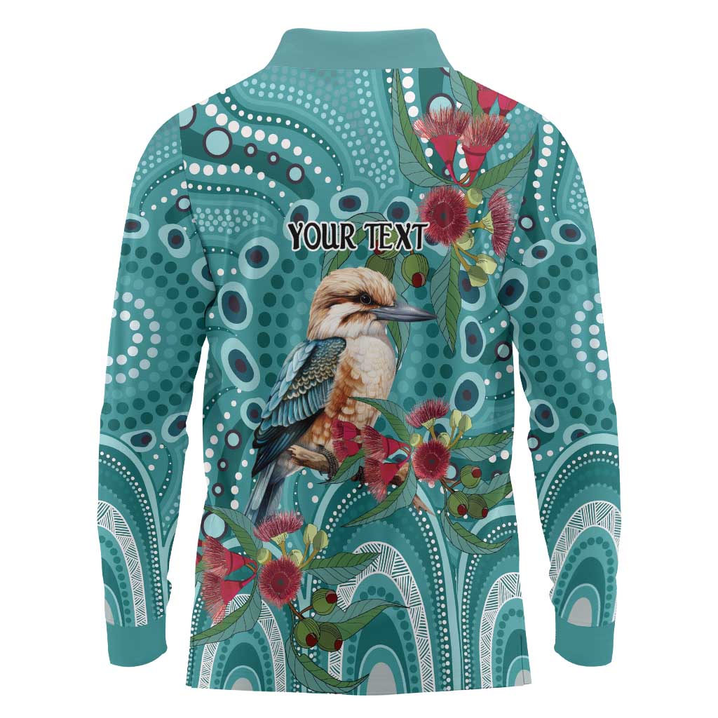 Kookaburra Eucalyptus Personalised Long Sleeve Polo Shirt Aboriginal Australian Dot Painting - Aussie Hoodie
