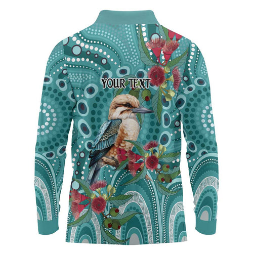 Kookaburra Eucalyptus Personalised Long Sleeve Polo Shirt Aboriginal Australian Dot Painting - Aussie Hoodie