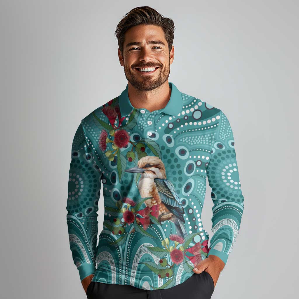 Kookaburra Eucalyptus Personalised Long Sleeve Polo Shirt Aboriginal Australian Dot Painting - Aussie Hoodie