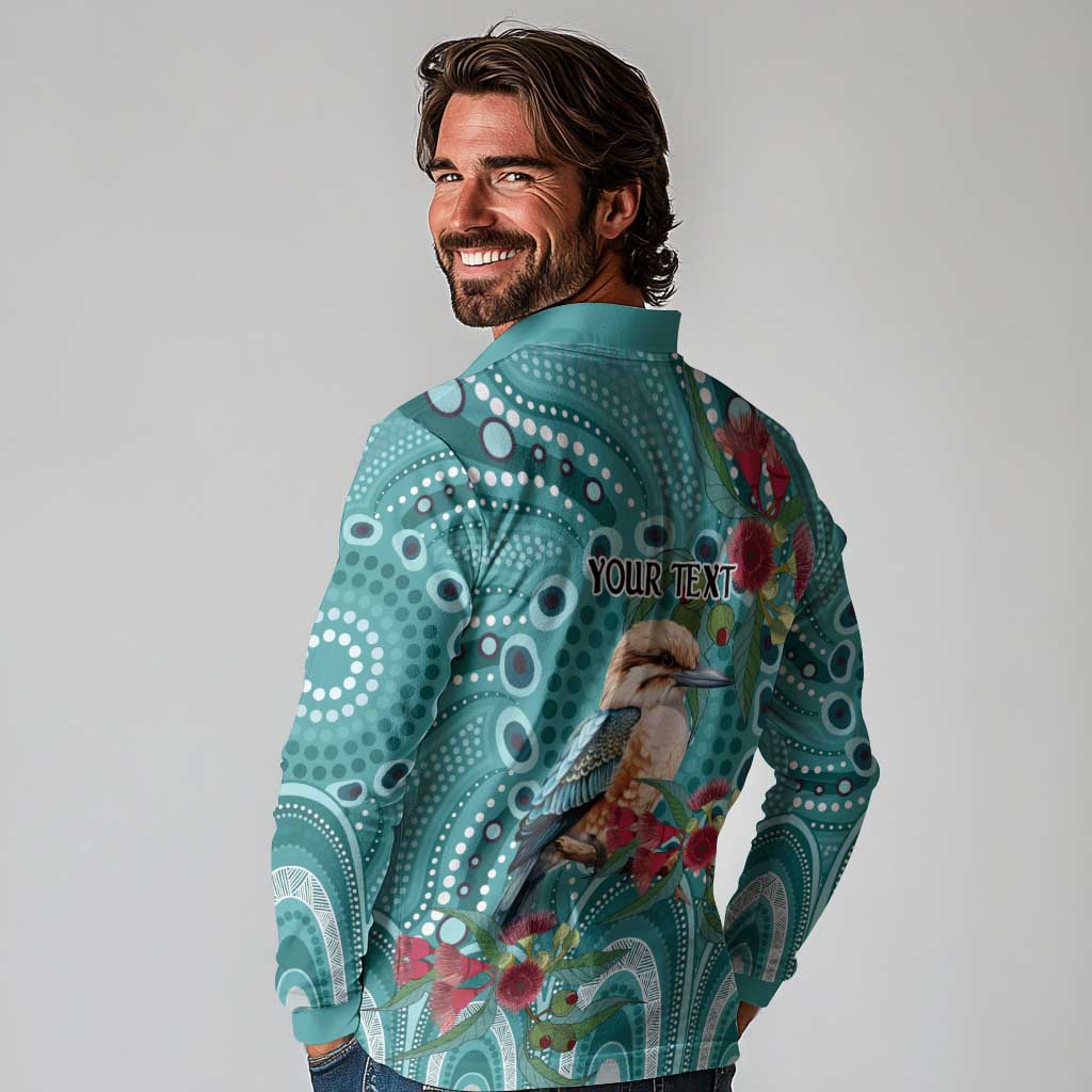 Kookaburra Eucalyptus Personalised Long Sleeve Polo Shirt Aboriginal Australian Dot Painting - Aussie Hoodie