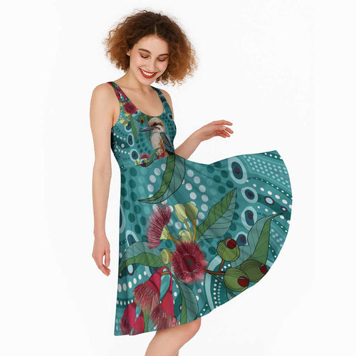 Kookaburra Eucalyptus Personalised Midi Dress Aboriginal Australian Dot Painting - Aussie Hoodie