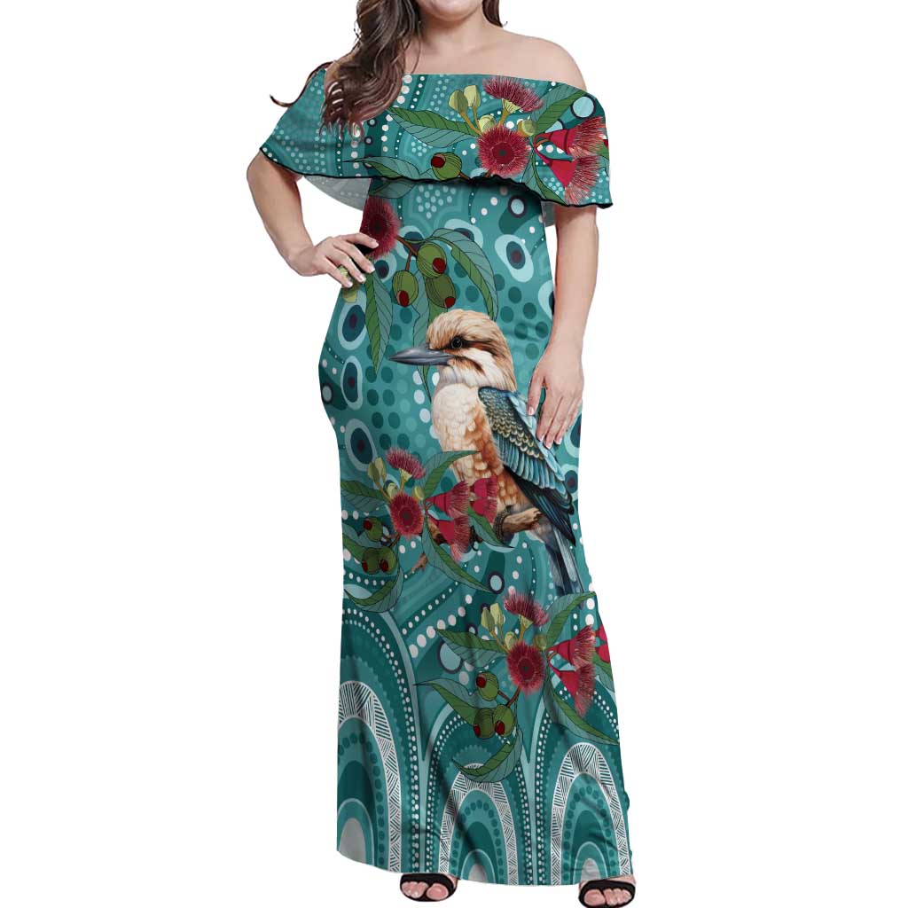 Kookaburra Eucalyptus Personalised Off Shoulder Maxi Dress Aboriginal Australian Dot Painting - Aussie Hoodie