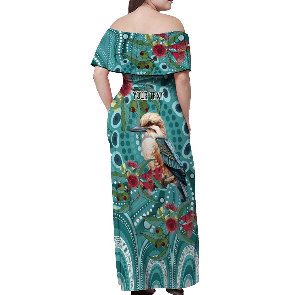 Kookaburra Eucalyptus Personalised Off Shoulder Maxi Dress Aboriginal Australian Dot Painting - Aussie Hoodie