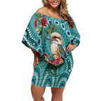 Kookaburra Eucalyptus Personalised Off Shoulder Short Dress Aboriginal Australian Dot Painting - Aussie Hoodie