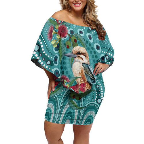 Kookaburra Eucalyptus Personalised Off Shoulder Short Dress Aboriginal Australian Dot Painting - Aussie Hoodie