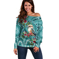 Kookaburra Eucalyptus Personalised Off Shoulder Sweater Aboriginal Australian Dot Painting - Aussie Hoodie