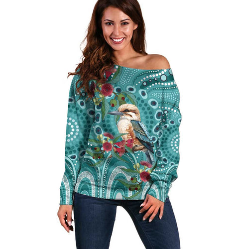 Kookaburra Eucalyptus Personalised Off Shoulder Sweater Aboriginal Australian Dot Painting - Aussie Hoodie