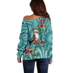 Kookaburra Eucalyptus Personalised Off Shoulder Sweater Aboriginal Australian Dot Painting - Aussie Hoodie