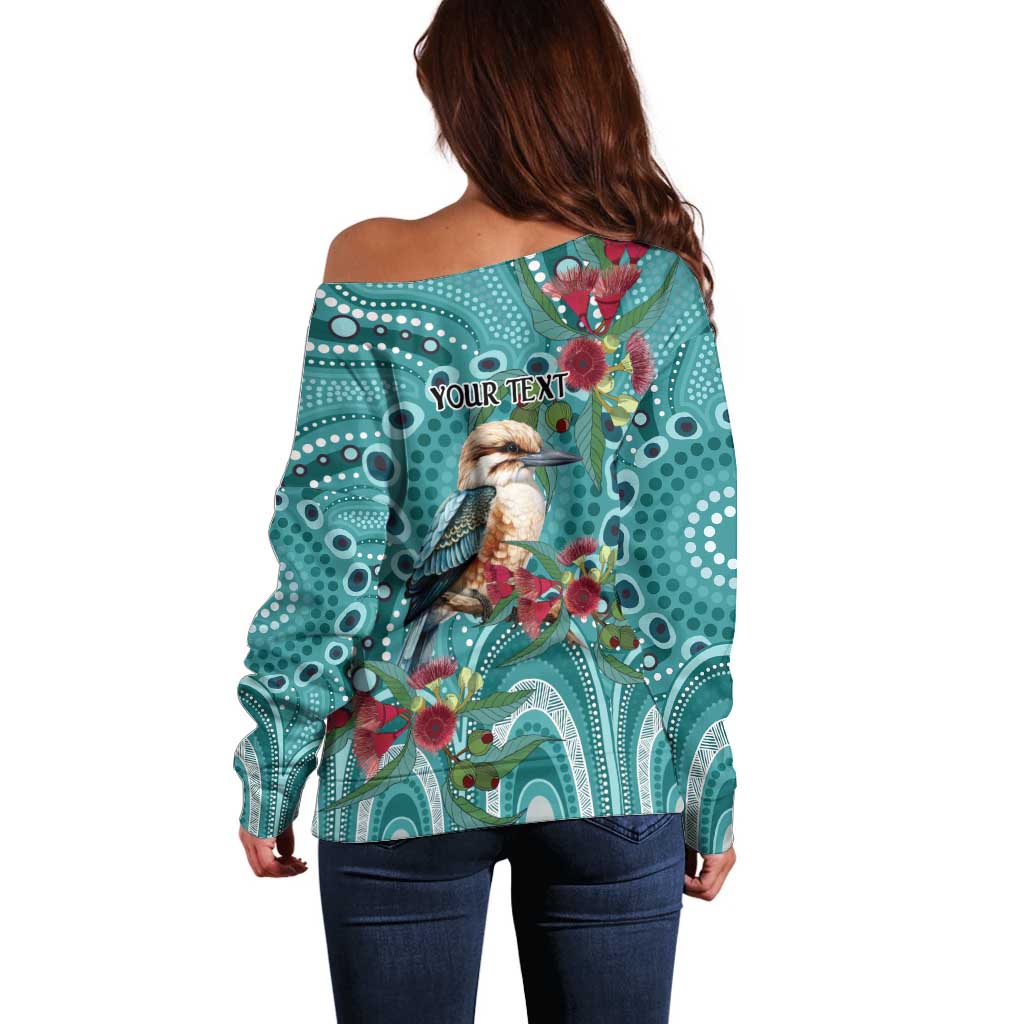 Kookaburra Eucalyptus Personalised Off Shoulder Sweater Aboriginal Australian Dot Painting - Aussie Hoodie