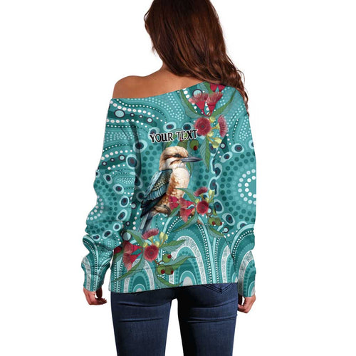 Kookaburra Eucalyptus Personalised Off Shoulder Sweater Aboriginal Australian Dot Painting - Aussie Hoodie