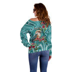 Kookaburra Eucalyptus Personalised Off Shoulder Sweater Aboriginal Australian Dot Painting - Aussie Hoodie