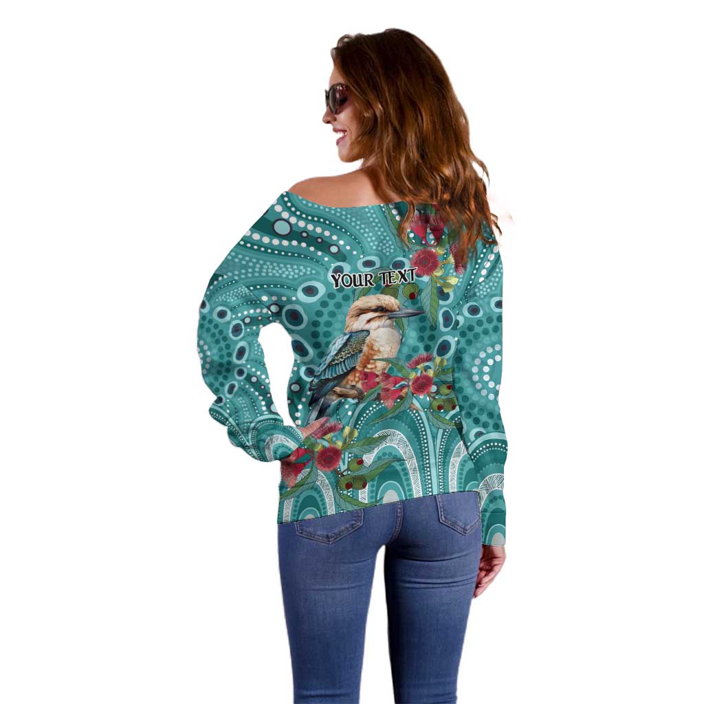 Kookaburra Eucalyptus Personalised Off Shoulder Sweater Aboriginal Australian Dot Painting - Aussie Hoodie