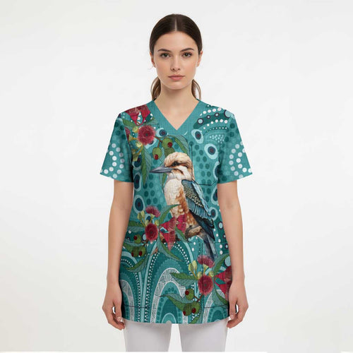 Kookaburra Eucalyptus Personalised Scrub Top Aboriginal Australian Dot Painting - Aussie Hoodie