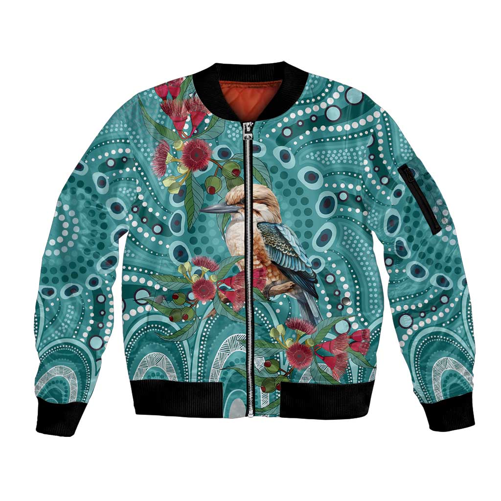 Kookaburra Eucalyptus Personalised Sleeve Zip Bomber Jacket Aboriginal Australian Dot Painting - Aussie Hoodie