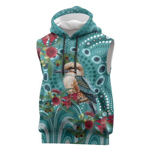 Kookaburra Eucalyptus Personalised Sleeveless Hoodie Aboriginal Australian Dot Painting - Aussie Hoodie