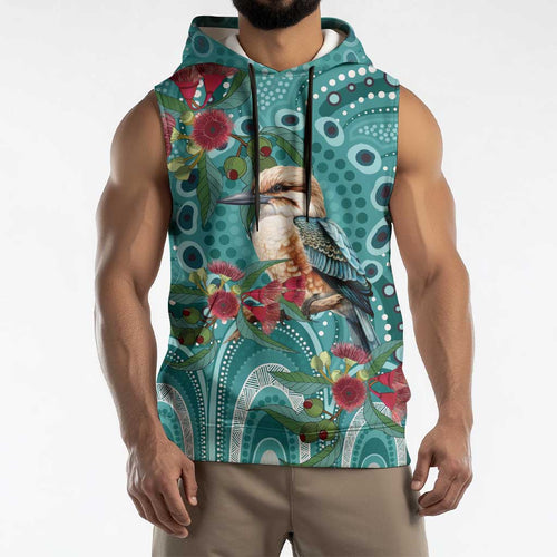 Kookaburra Eucalyptus Personalised Sleeveless Hoodie Aboriginal Australian Dot Painting - Aussie Hoodie
