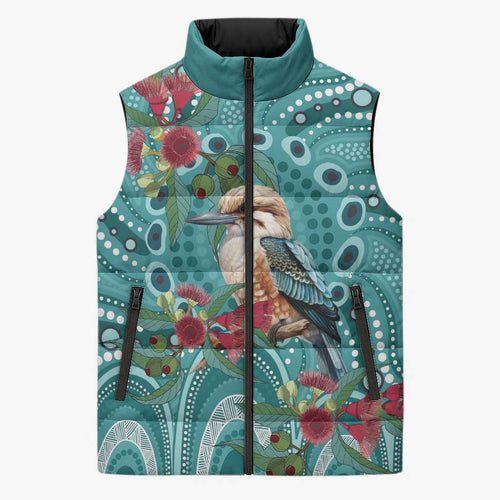 Kookaburra Eucalyptus Personalised Sleeveless Puffer Jacket Aboriginal Australian Dot Painting - Aussie Hoodie