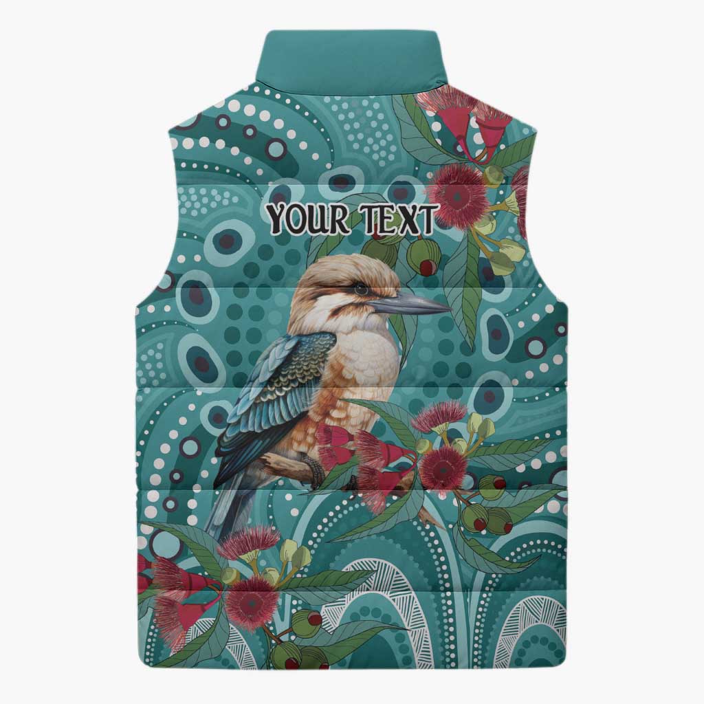 Kookaburra Eucalyptus Personalised Sleeveless Puffer Jacket Aboriginal Australian Dot Painting - Aussie Hoodie