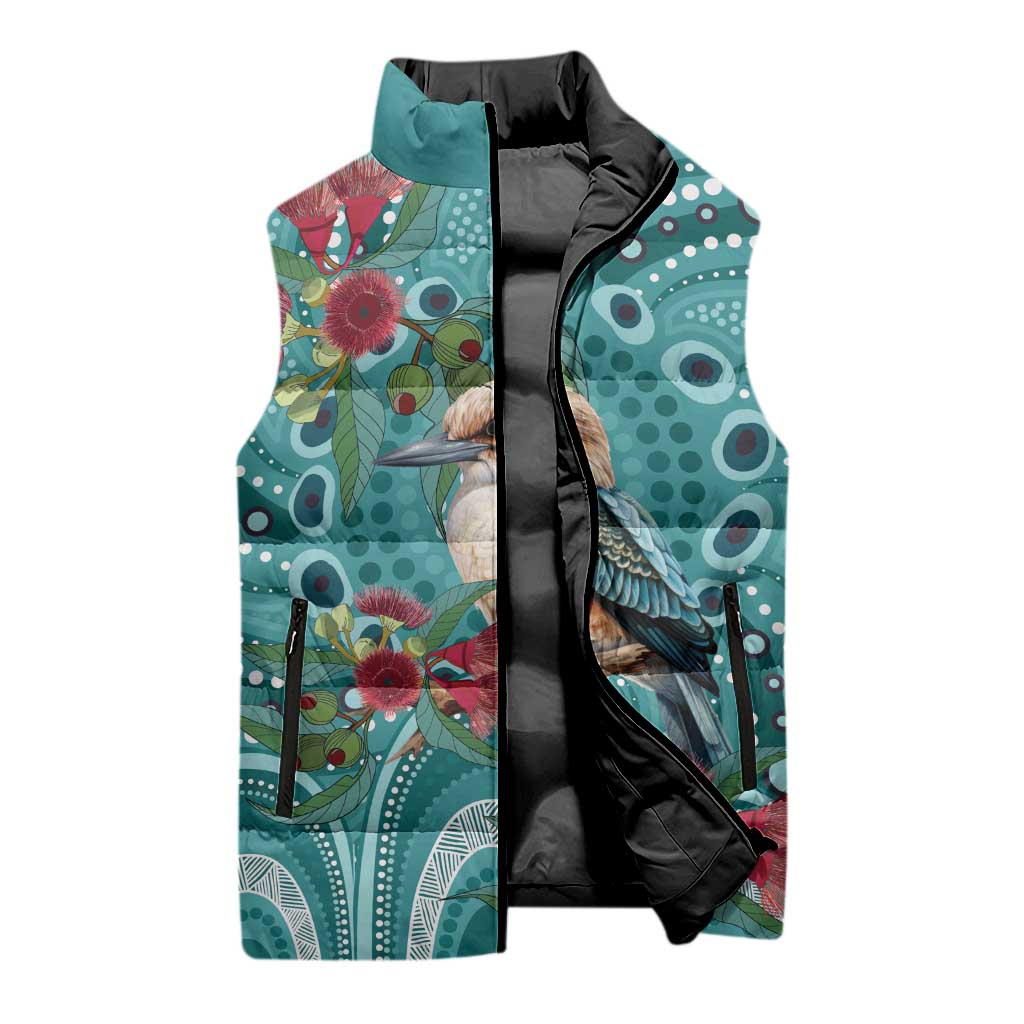 Kookaburra Eucalyptus Personalised Sleeveless Puffer Jacket Aboriginal Australian Dot Painting - Aussie Hoodie