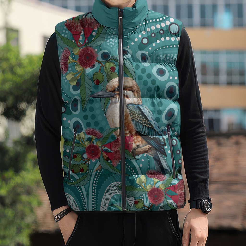 Kookaburra Eucalyptus Personalised Sleeveless Puffer Jacket Aboriginal Australian Dot Painting - Aussie Hoodie