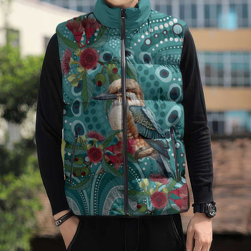 Kookaburra Eucalyptus Personalised Sleeveless Puffer Jacket Aboriginal Australian Dot Painting - Aussie Hoodie