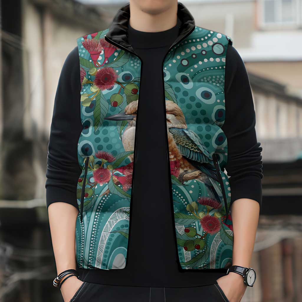 Kookaburra Eucalyptus Personalised Sleeveless Puffer Jacket Aboriginal Australian Dot Painting - Aussie Hoodie