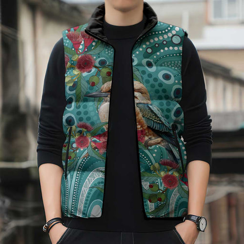 Kookaburra Eucalyptus Personalised Sleeveless Puffer Jacket Aboriginal Australian Dot Painting - Aussie Hoodie