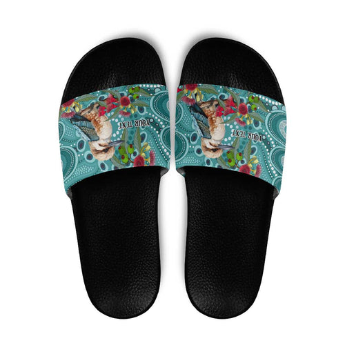Kookaburra Eucalyptus Personalised Slide Sandals Aboriginal Australian Dot Painting - Aussie Hoodie