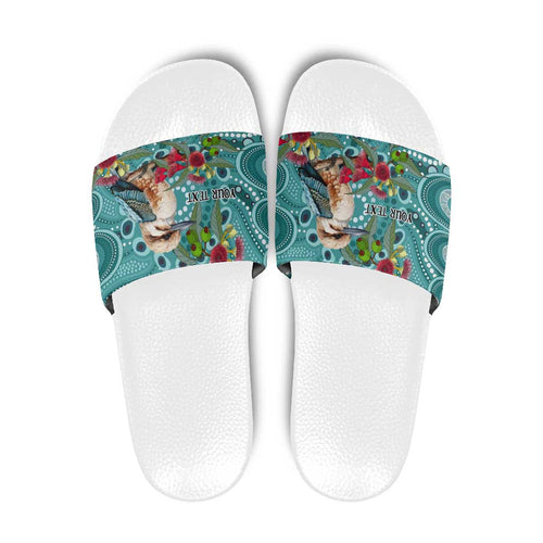Kookaburra Eucalyptus Personalised Slide Sandals Aboriginal Australian Dot Painting - Aussie Hoodie
