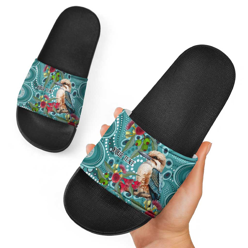 Kookaburra Eucalyptus Personalised Slide Sandals Aboriginal Australian Dot Painting - Aussie Hoodie