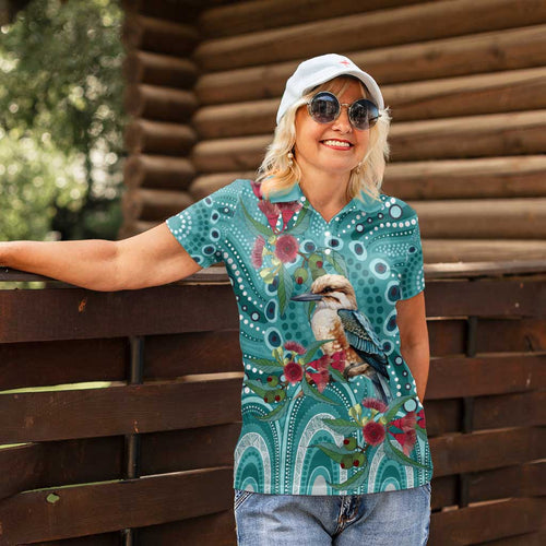 Kookaburra Eucalyptus Personalised Women Polo Shirt Aboriginal Australian Dot Painting - Aussie Hoodie