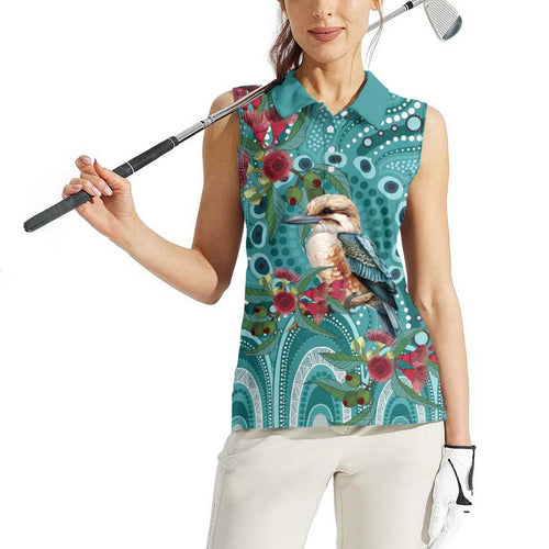 Kookaburra Eucalyptus Personalised Women Sleeveless Polo Shirt Aboriginal Australian Dot Painting - Aussie Hoodie