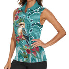 Kookaburra Eucalyptus Personalised Women Sleeveless Polo Shirt Aboriginal Australian Dot Painting - Aussie Hoodie