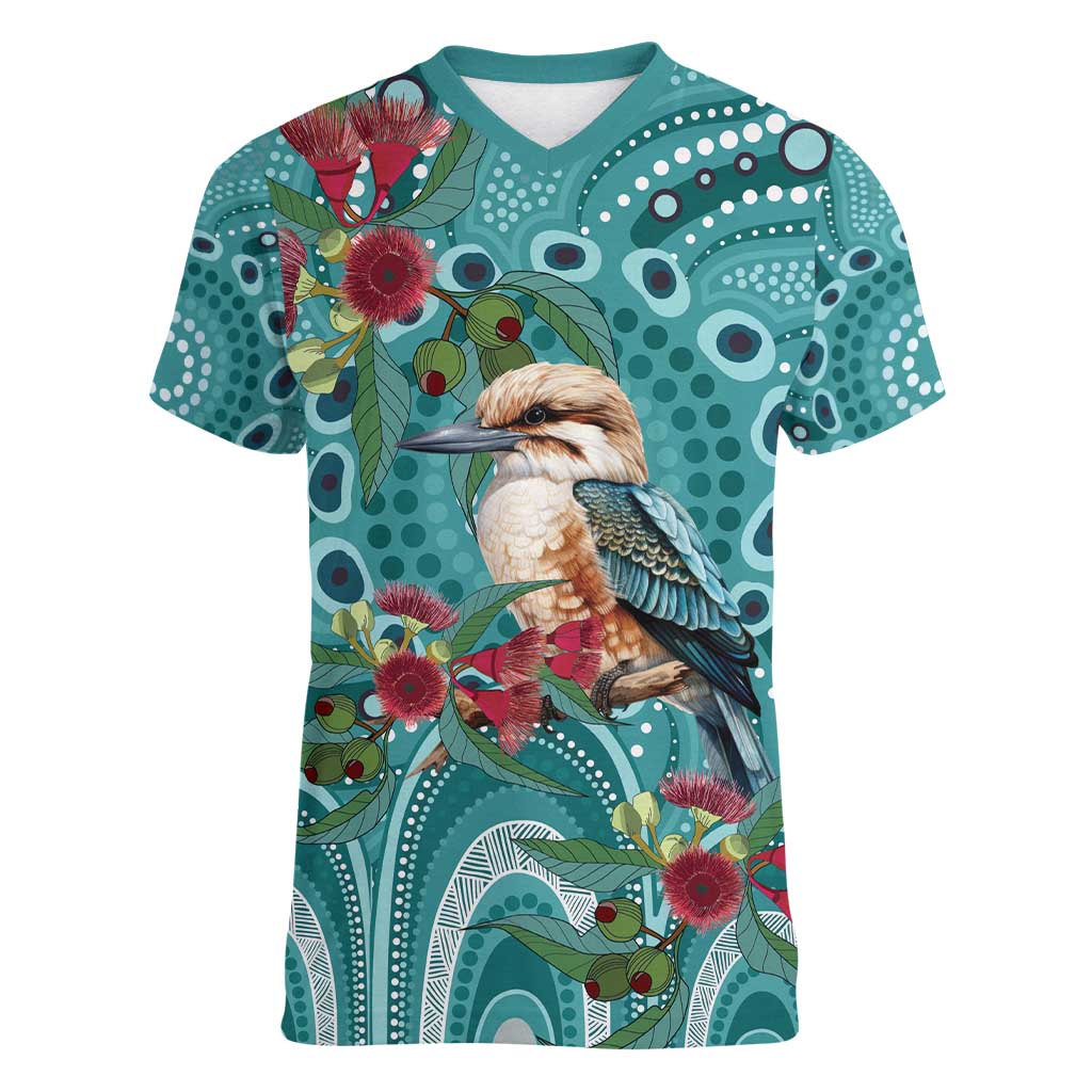 Kookaburra Eucalyptus Personalised Women V-Neck T-Shirt Aboriginal Australian Dot Painting - Aussie Hoodie