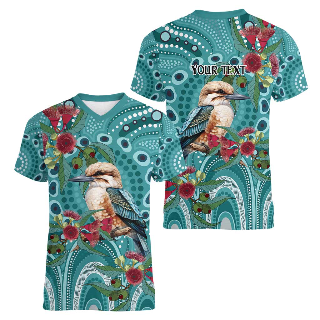Kookaburra Eucalyptus Personalised Women V-Neck T-Shirt Aboriginal Australian Dot Painting - Aussie Hoodie