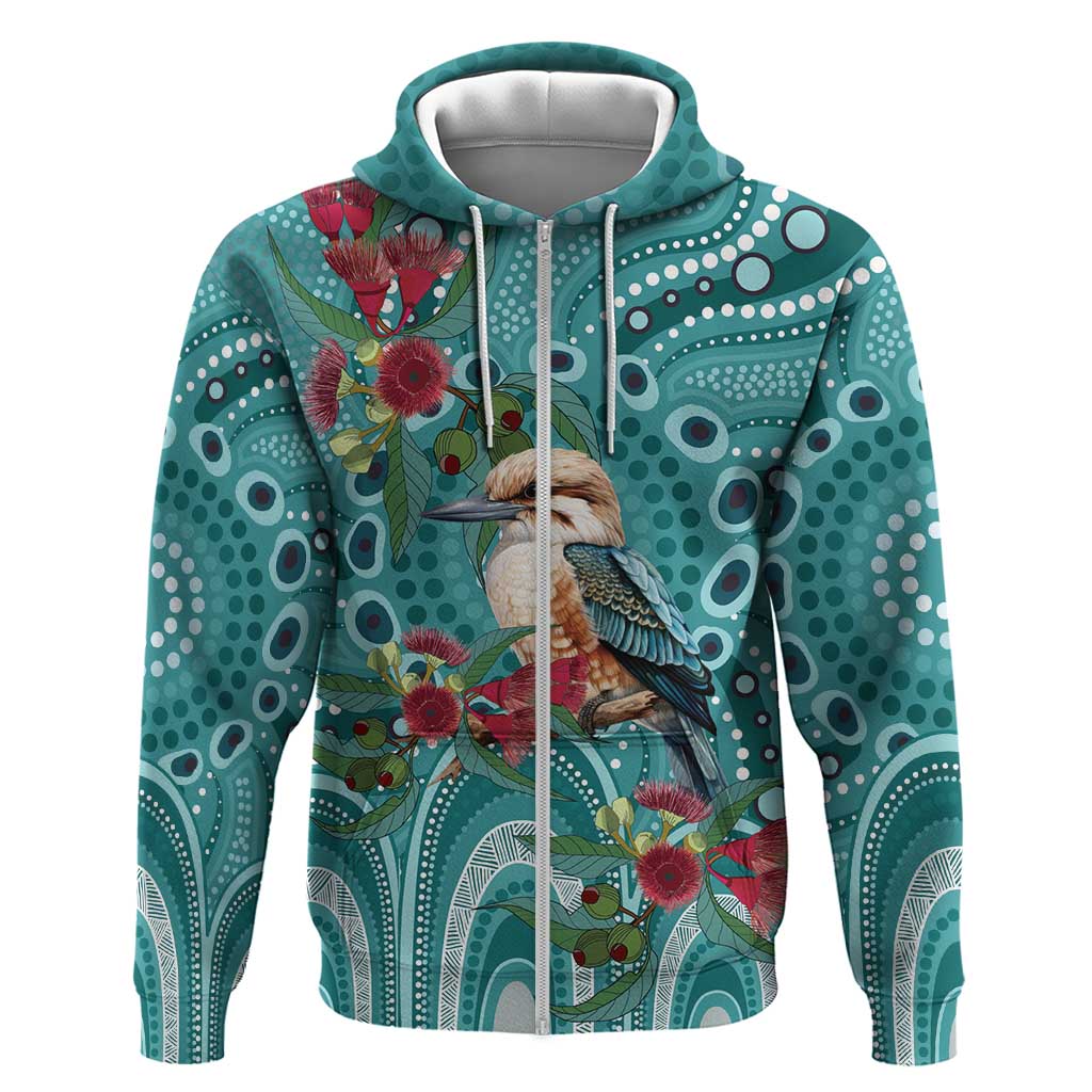 Kookaburra Eucalyptus Personalised Zip Hoodie Aboriginal Australian Dot Painting - Aussie Hoodie