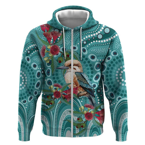 Kookaburra Eucalyptus Personalised Zip Hoodie Aboriginal Australian Dot Painting - Aussie Hoodie