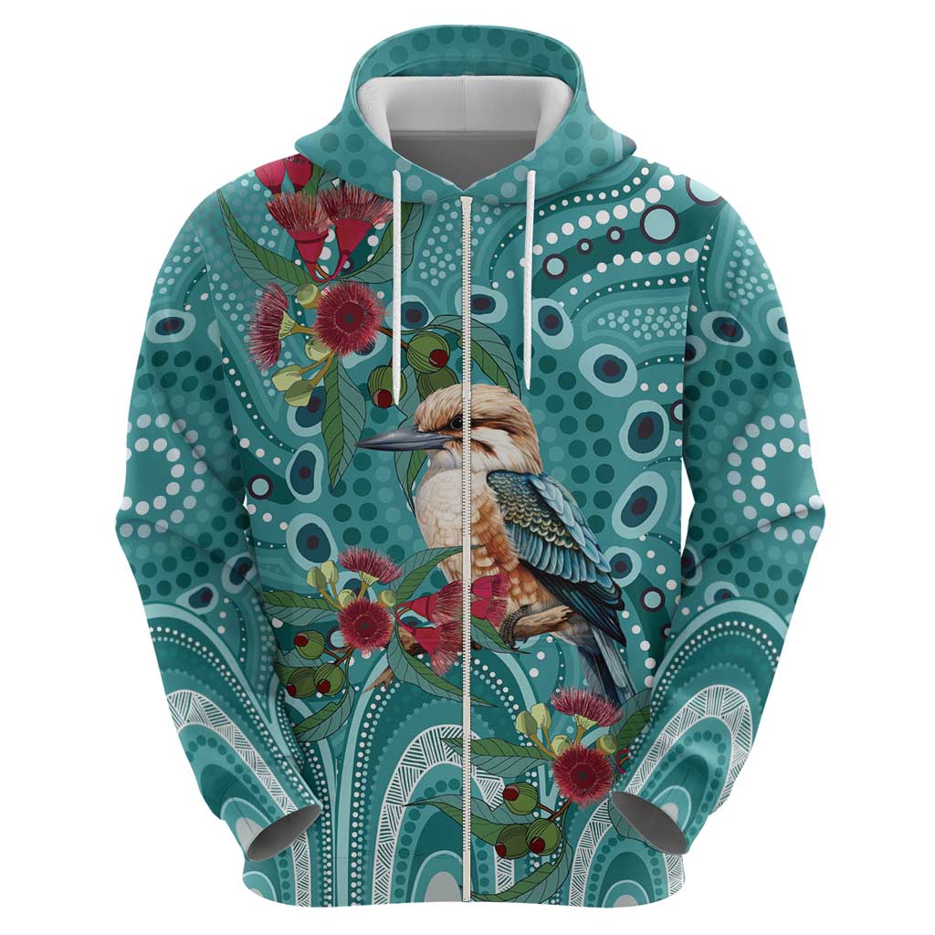 Kookaburra Eucalyptus Personalised Zip Hoodie Aboriginal Australian Dot Painting - Aussie Hoodie