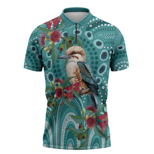Kookaburra Eucalyptus Personalised Zipper Polo Shirt Aboriginal Australian Dot Painting - Aussie Hoodie