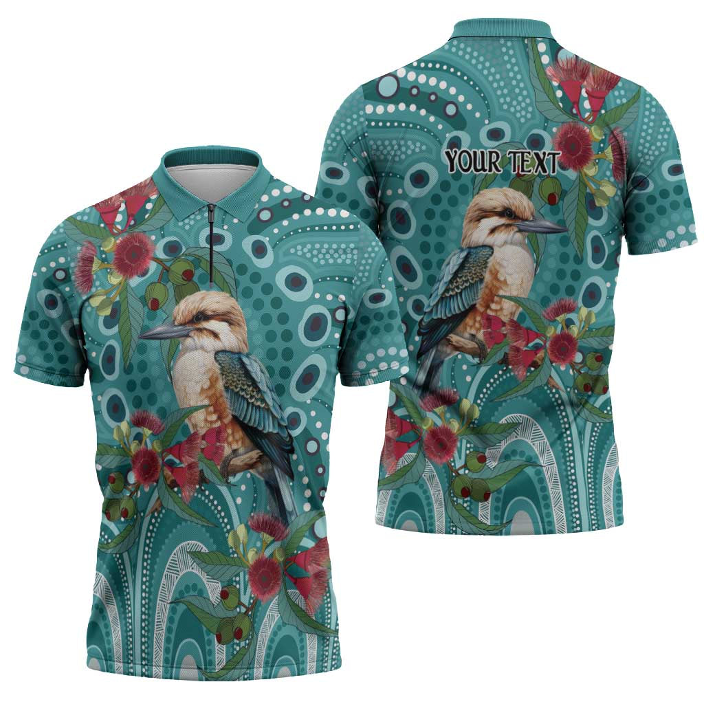 Kookaburra Eucalyptus Personalised Zipper Polo Shirt Aboriginal Australian Dot Painting - Aussie Hoodie