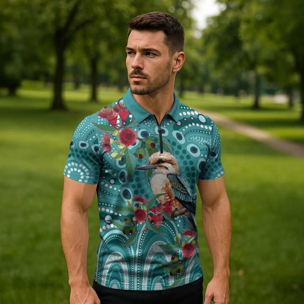 Kookaburra Eucalyptus Personalised Zipper Polo Shirt Aboriginal Australian Dot Painting - Aussie Hoodie
