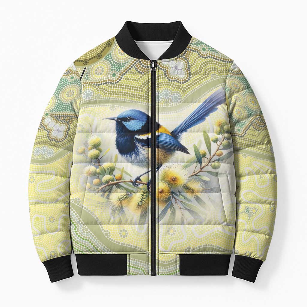 Splendid Fairy-wren Personalised Bomber Puffer Jacket Aboriginal Australian Dot Painting - Aussie Hoodie
