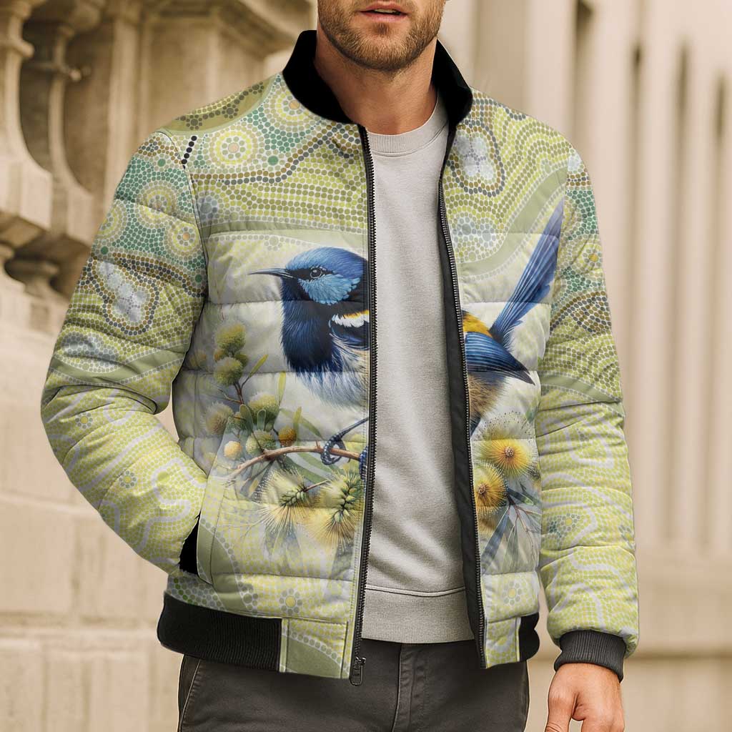 Splendid Fairy-wren Personalised Bomber Puffer Jacket Aboriginal Australian Dot Painting - Aussie Hoodie