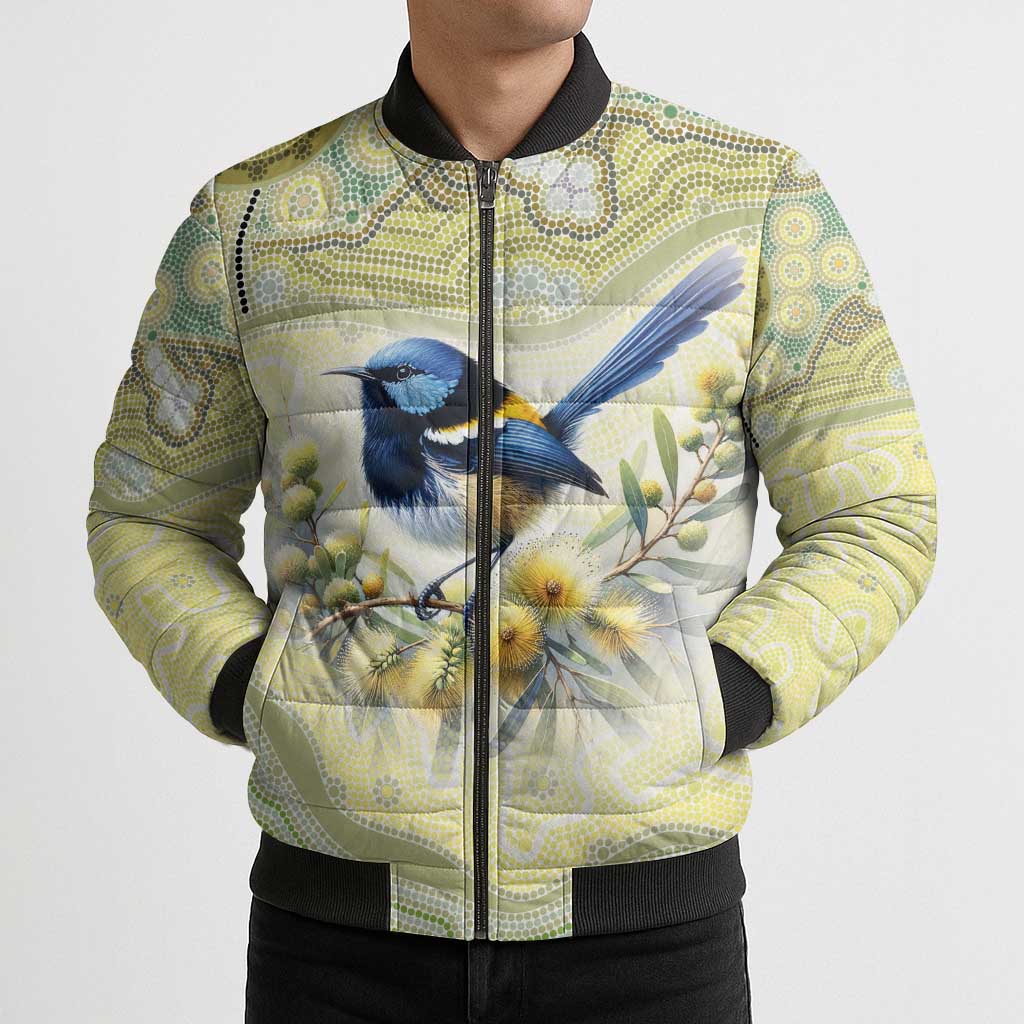 Splendid Fairy-wren Personalised Bomber Puffer Jacket Aboriginal Australian Dot Painting - Aussie Hoodie