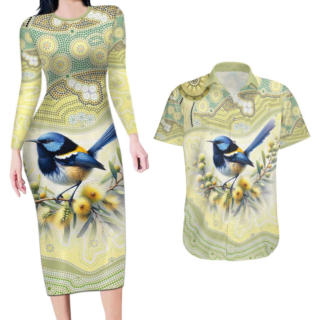 Splendid Fairy-wren Personalised Couples Matching Long Sleeve Bodycon Dress and Hawaiian Shirt Aboriginal Australian Dot Painting - Aussie Hoodie